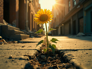 Sunflower blooming in sidewalk crevice