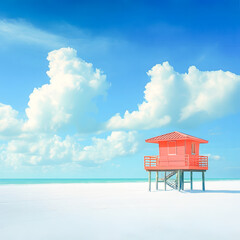 Fototapeta premium Vibrant Pink Lifeguard Tower by Tranquil Sea Under Bright Clouds