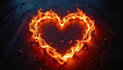 Fototapeta premium Ember Glow Heart A heart shape made from glowing embers on a dark surface, creating a warm and cozy atmosphere.