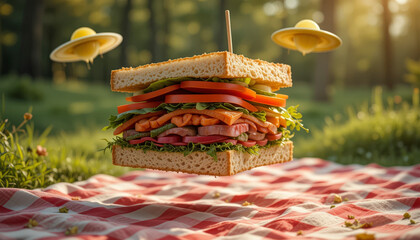 Surreal Levitation Picnic: A Multi-Layered Sandwich Hovers Above a Checkered Blanket in a Sunny Park