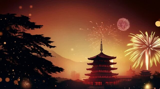 Stunning pagoda silhouette at sunset with lanterns, fireworks, and festive bubbles for Chinese New Year
