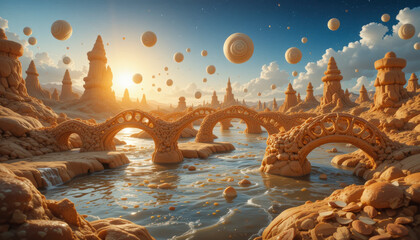 Surreal Sunset Landscape with Floating Spheres and Sandy Towers