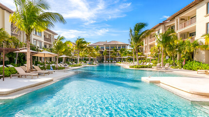 Fototapeta premium Tranquil Resort Pool Surrounded by Lush Palm Trees and Sun Loungers