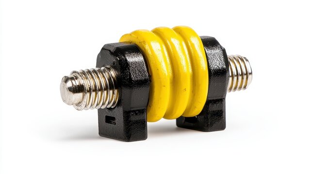 Close-up shot of a yellow sp component between two black threaded clamps on a white background showcasing industrial design and precision enginee