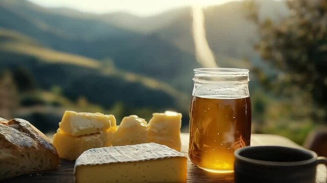 Peaceful outdoor breakfast with tea, cheese, and delicious bread overlooking mountains
