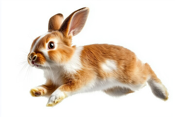 Brown and white rabbit jumping on clean white background