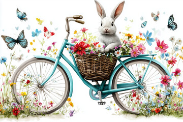 White bunny in flower basket on vintage bicycle with butterflies
