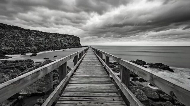 Exploring the Adelaide coastline with a wooden boardwalk leading to rocky shores under dramatic clouds, Adelaide coastline sightseeing Travel and explore Rapid Bay Jetty site