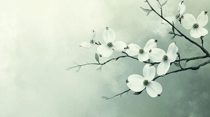 Serene Springtime Dogwood Blossoms Delicate White Flowers on Branch Soft Green Background