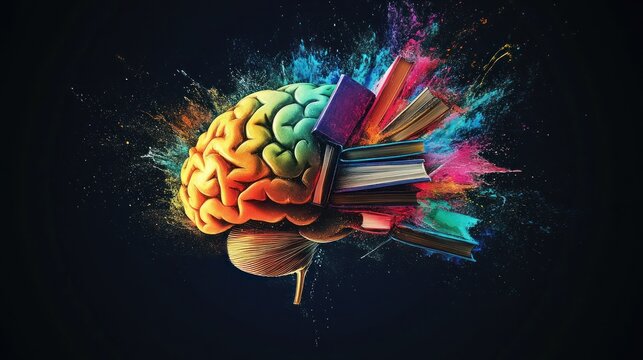 Colorful brain with books; knowledge explosion; vibrant background; educational concept; stock photo