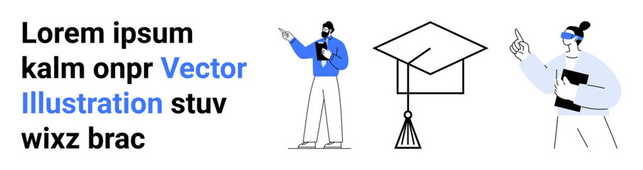 Academic experts and learners interacting with books and ideas alongside a graduation cap. Ideal for education, online learning, graduation, knowledge sharing, tutoring, academic platforms, simple