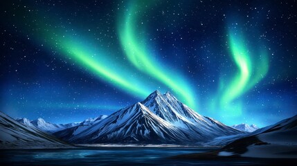 Majestic Snow-Capped Mountain Range Under Vibrant Aurora Borealis and Starry Night Sky Reflected in Still Waters of a Serene Wilderness Scene