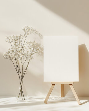 elegant minimalist mockup &ndash; Handmade white card displayed on a small wooden easel with baby's breath flowers, on an off-white background.