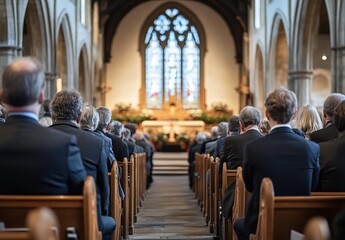 A church interior with rows of pews facing an altar, vibrant stained glass windows casting colored light, solemn atmosphere, longitudinal architectural perspective, detailed religious decor