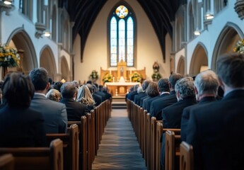 A church interior with rows of pews facing an altar, vibrant stained glass windows casting colored light, solemn atmosphere, longitudinal architectural perspective, detailed religious decor