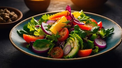 Colorful fresh salad with various vegetables served in a stylish bowl at a rustic table setting in a warm light environment