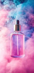 Pink serum bottle, dropper, smoke, ad