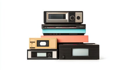 Vintage VHS Players and Tapes Stacked on White Background