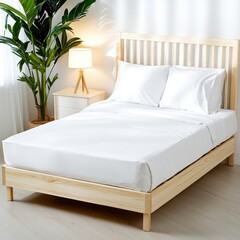Minimalist bedroom featu a light wood platform bed with white bedding, bedside table, lamp, and decorative potted plant for a serene atmosphere