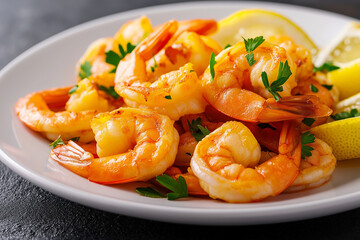 Garlic Butter Shrimp with Lemon and Herbs. Fried shrimp