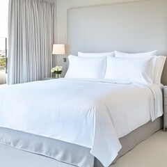 Modern bedroom featu a king-size bed with crisp white bedding, light grey upholstered headboard and base, and elegantly arranged pillows for decor