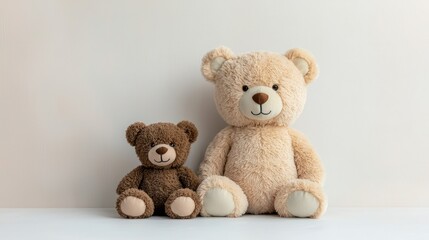 Two teddy bears, one large and one small, sitting on a plain surface