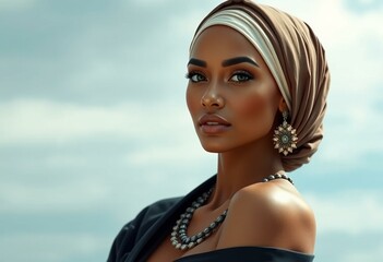 Photorealistic natural light portrait of a woman in a headscarf