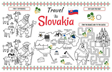 A fun placemat for kids. Printable “Travel to Slovakia” activity sheet with a labyrinth and find the differences. 17x11 inch printable vector file