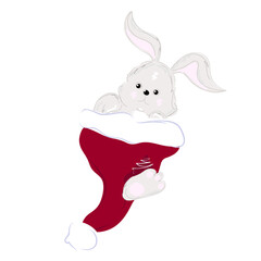 A cute gray  rabbit  in a Santa Claus hat.