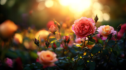 A field of vibrant summer roses, each bloom bursting with bright shades of pink, red, and yellow, set against a sunlit sky and green foliage.A field of vibrant summer roses, each bloom bursting with b