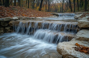Serene autumn forest creek with flowing waterfalls and vibrant foliage