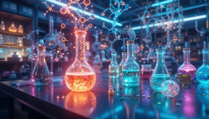 Vibrant Lab Scene With Colorful Chemical Reactions In Glassware Under Neon Lighting
