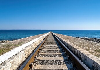 Railway tracks stretching to ocean under clear blue sky, vast horizon, serene and infinite perspective, peaceful landscape