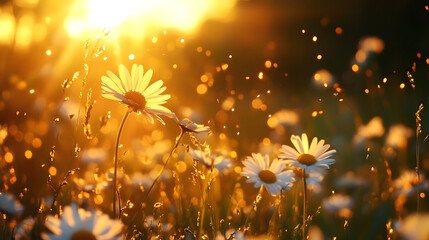 Obraz premium A field of wild daisies bathed in golden sunlight, with soft petals fluttering in the warm summer breeze, creating a serene and peaceful atmosphere.A field of wild daisies bathed in golden sunlight, w