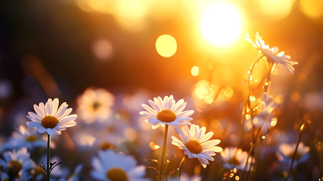 A field of wild daisies illuminated by the soft glow of a summer sunset, their petals gently swaying in the evening breeze.A field of wild daisies illuminated by the soft glow of a summer sunset, thei