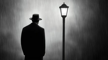 A cinematic black and white shot of a mysterious figure standing under a streetlamp in the rain, noir aesthetic
