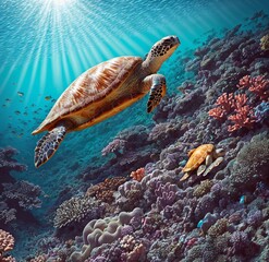 Obraz premium A sea turtle swims through a colorful reef, bathed in the soft, golden light of the setting sun. Generated AI.