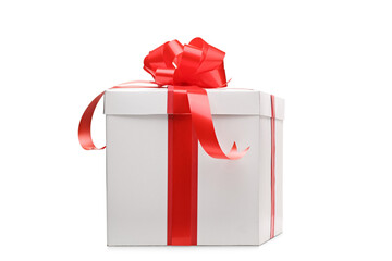 Studio shot of a white gift box with red ribbon