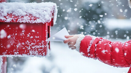 Child Mailing Letter in Snowy Winter Red Mailbox Snowflakes Festive Season