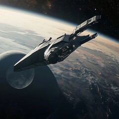 Obraz premium Sci-fi spaceship above earth atmosphere with stunning starfield scene