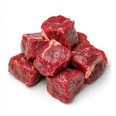 Obraz premium Freshly cut beef cubes of yak meat isolated on white background captured in realistic high-quality photography