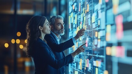 Businesspeople analyzing data on interactive touchscreen in modern office