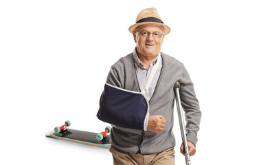 Elderly man with a broken arm from a skateboard fall