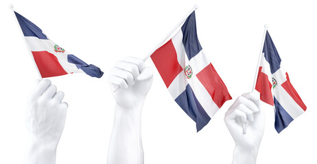 Fototapeta premium Hand holding flag of Dominican Republic. Isolated 3d Rendering