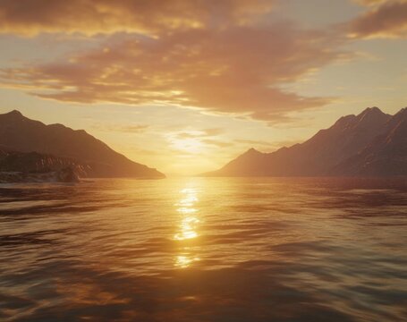 Golden sunset over tranquil fjord