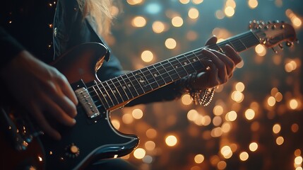 Fototapeta premium Guitarist playing electric guitar on stage with bokeh lights