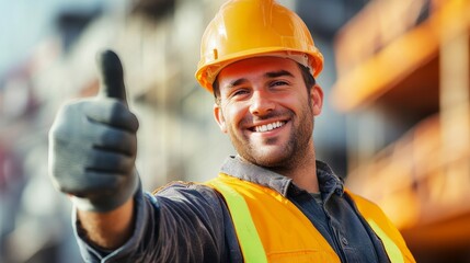 A smiling construction worker gives a thumbs up at a busy job site, showing approval and teamwork in the industry
