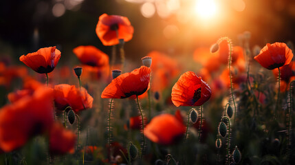 Obraz premium A field of wild poppies in full bloom, their deep red petals contrasting with the bright green grass and the soft glow of the summer sun above.A field of wild poppies in full bloom, their deep red pet