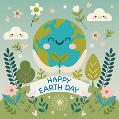 Cute Earth Day Illustration with Happy Planet