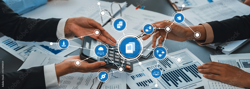 Poster business management concepts with hands on calculator surrounded by icons representing data analysis